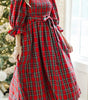 Red Tartan Plaid Square Neck Puff Sleeve Knot Waist Flared Midi Dress Markonline
