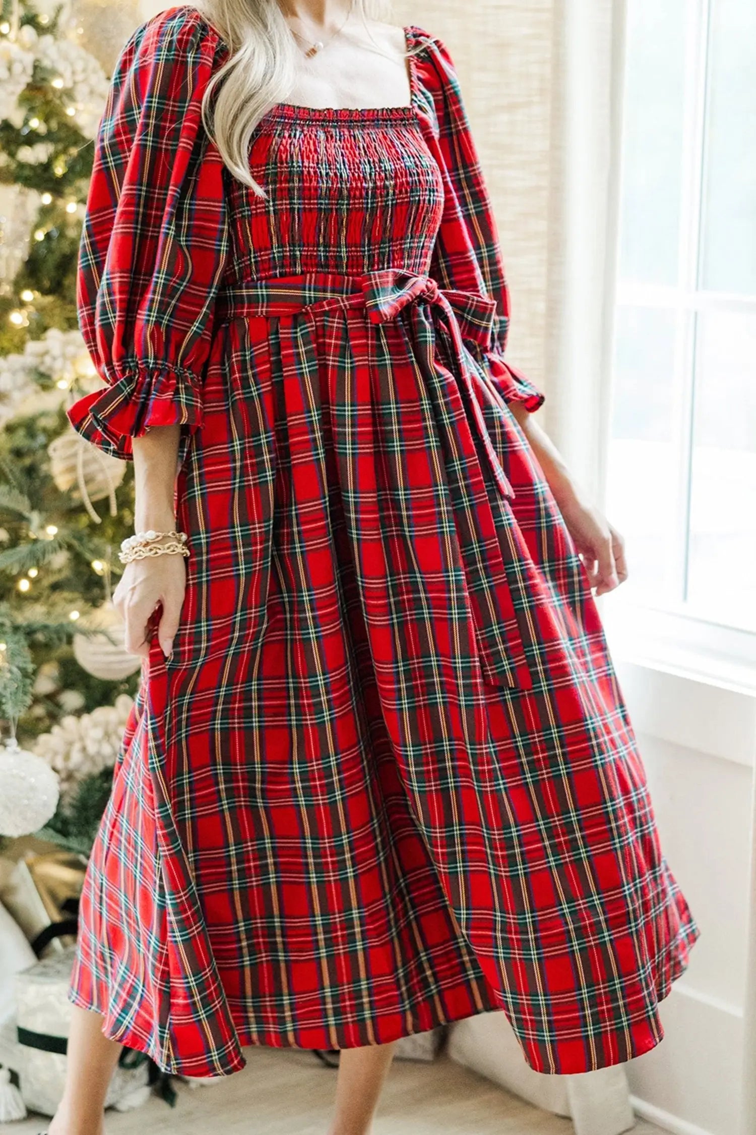 Red Tartan Plaid Square Neck Puff Sleeve Knot Waist Flared Midi Dress Markonline
