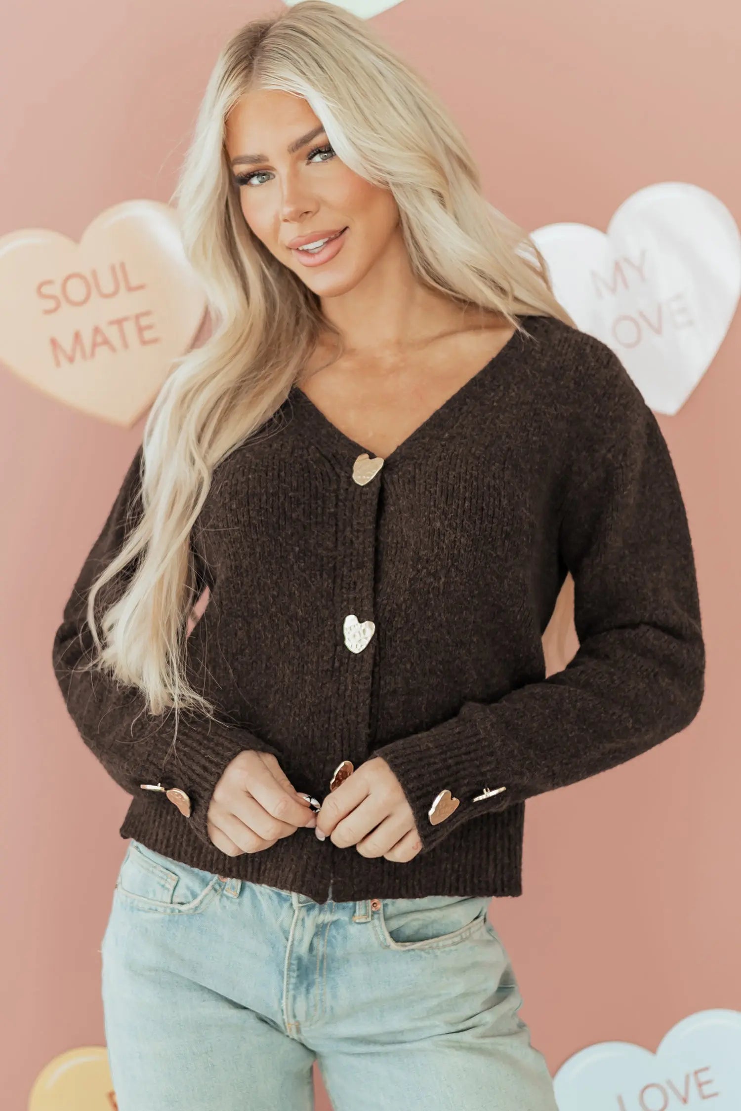Chicory Coffee Heart Metal Button V Neck Cardigan Sweater Dear-Lover Dropshipping