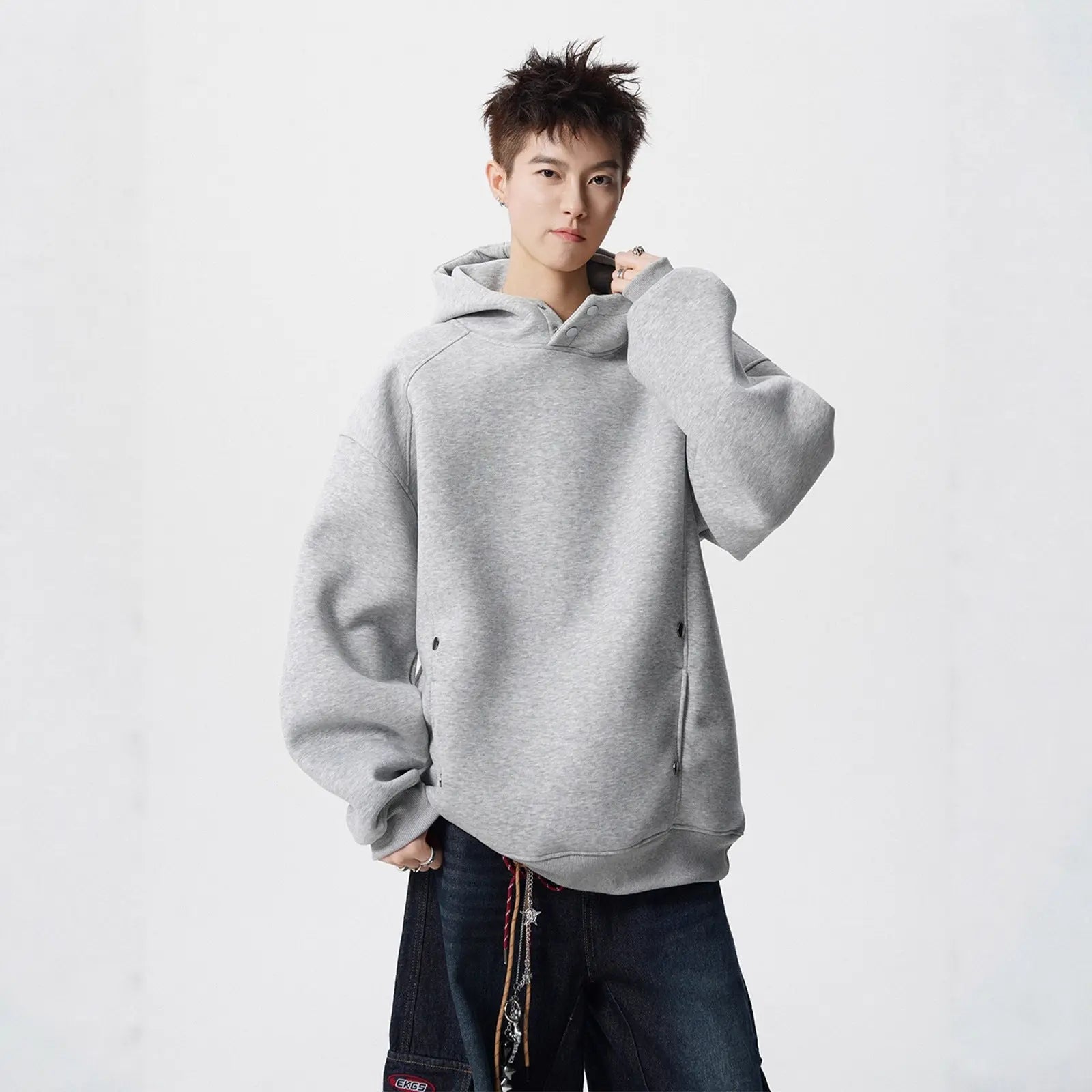 Heavyweight Half-High Neck Button-Up Hooded Sweatshirt Men's Autumn Winter Fashion Brand Loose Versatile Fleece-Lined Thick Hoodie Jacket Markonline