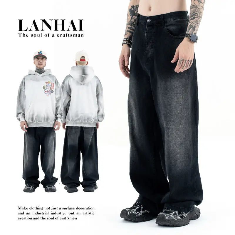 Black and Grey Straight Loose Casual  Denim Pants for Men and Women eprolo