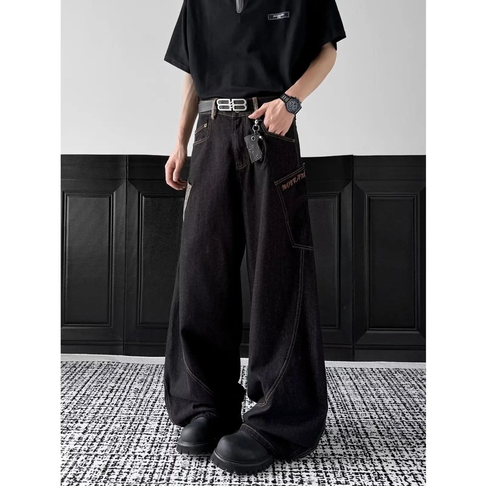 Checkered splicing curved knife jeans for men and women