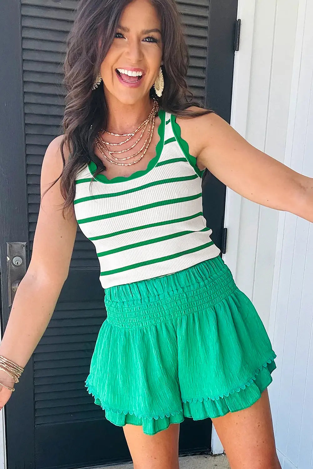 Bright Green Striped Scalloped Edge U Neck Sleeveless Sweater Vest Dear-Lover Dropshipping