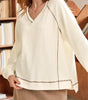 Beige Exposed Seam Textured Knit V Neck Pullover Top Markonline