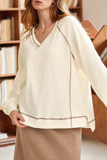 Beige Exposed Seam Textured Knit V Neck Pullover Top Markonline