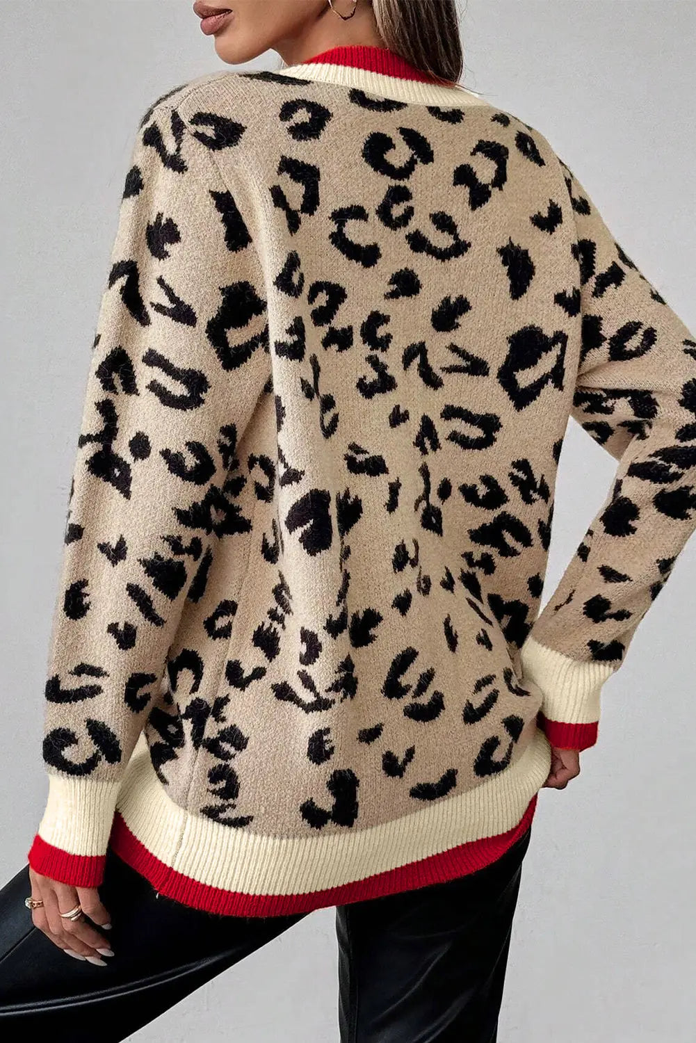 Khaki Leopard Pattern V-Neck Contrast Rib Knitted Sweater Dear-Lover Dropshipping