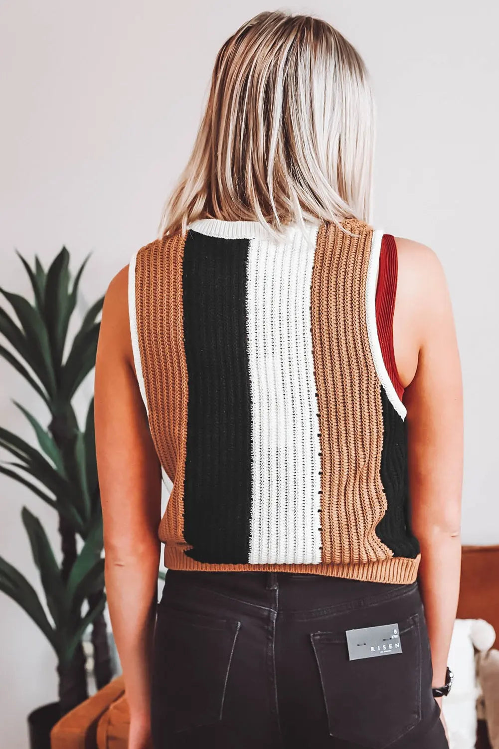 Khaki Stripe Color Block Sleeveless Knitted Sweater Vest Dear-Lover Dropshipping