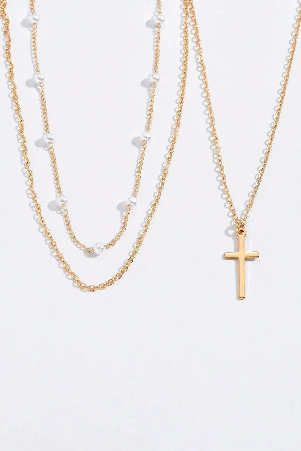 Gold Plated Cross Pendant Pearl Decor Triple Layer Chain Necklace Dear-Lover Dropshipping