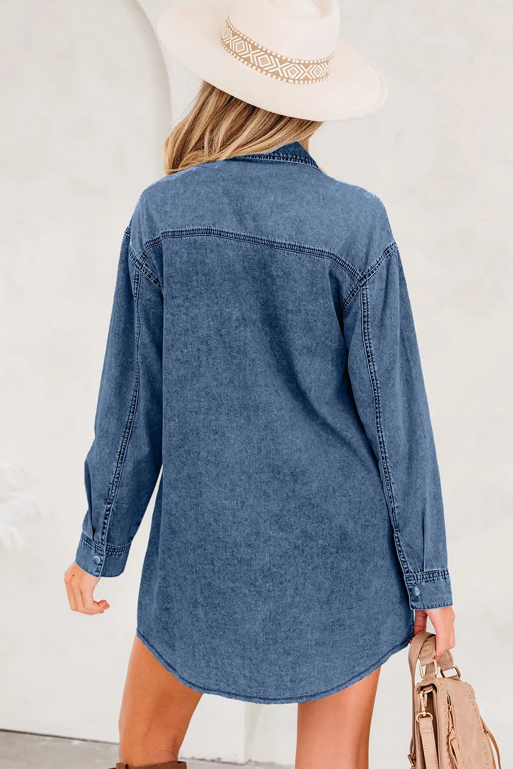 Blue Beau Chest Pocket Raw Hem Denim Loose Shirt Dress Markonline
