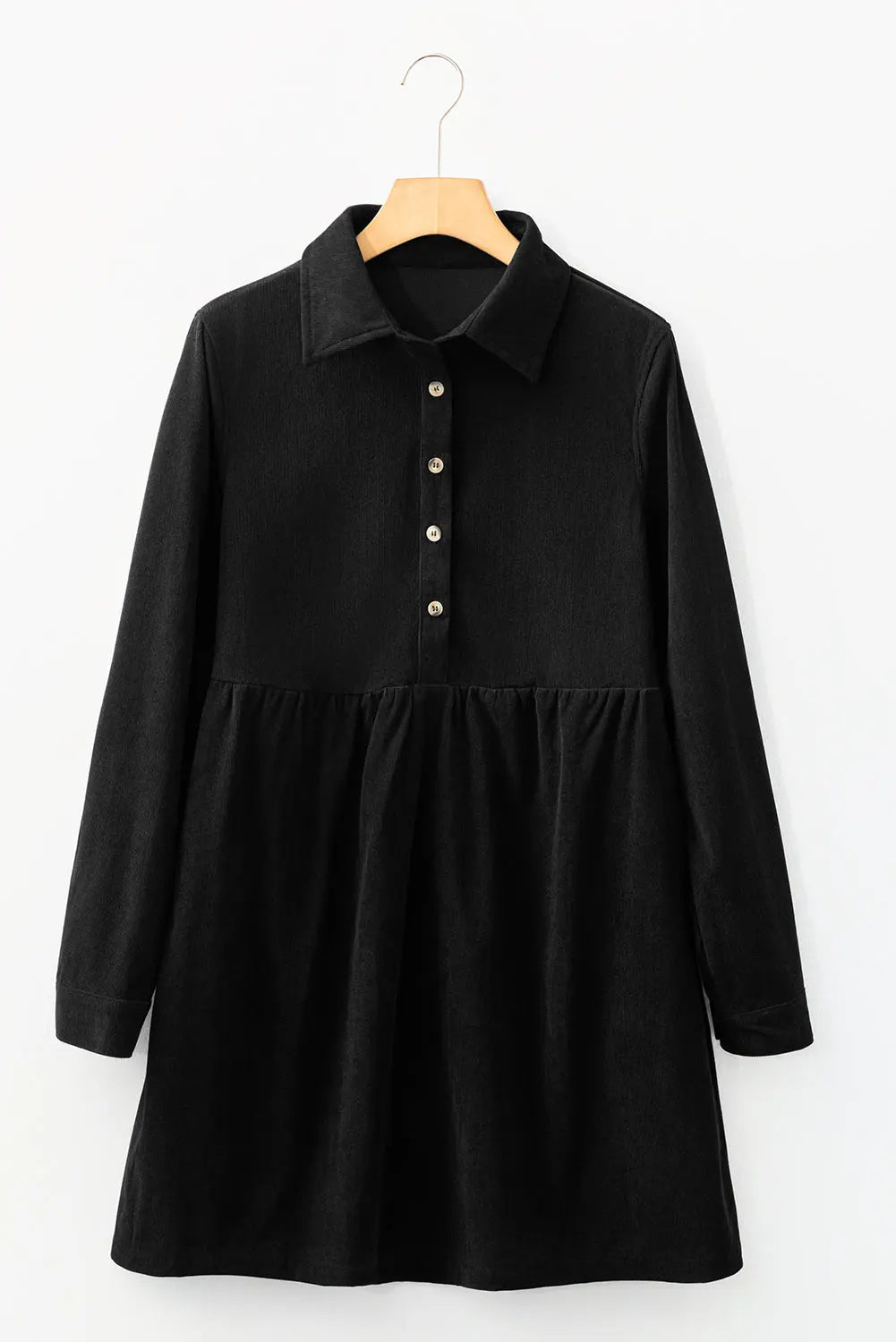 Black Corduroy Half Button Collared Long Sleeve Mini Dress Markonline