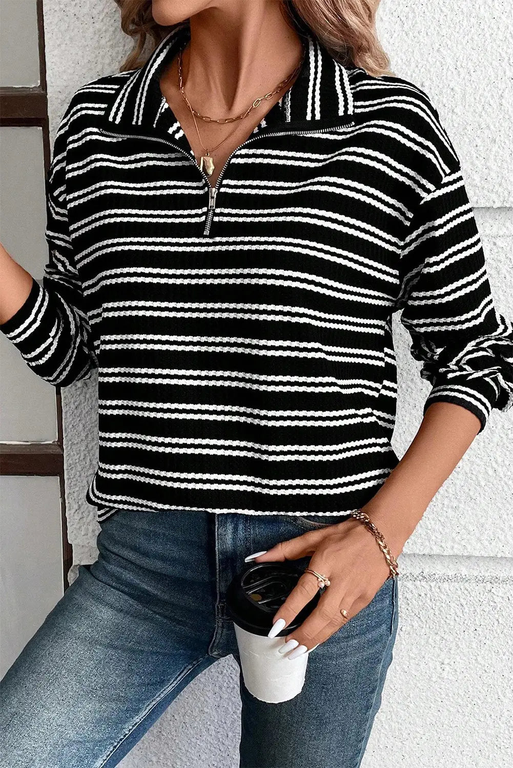 Black Stripe Textured Quarter Zip Collar Long Sleeve Top Dear-Lover Dropshipping