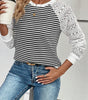 Black Stripe Textured Knit Contrast Hollowed Lace Patchwork Long Sleeve Top Dear-Lover Dropshipping