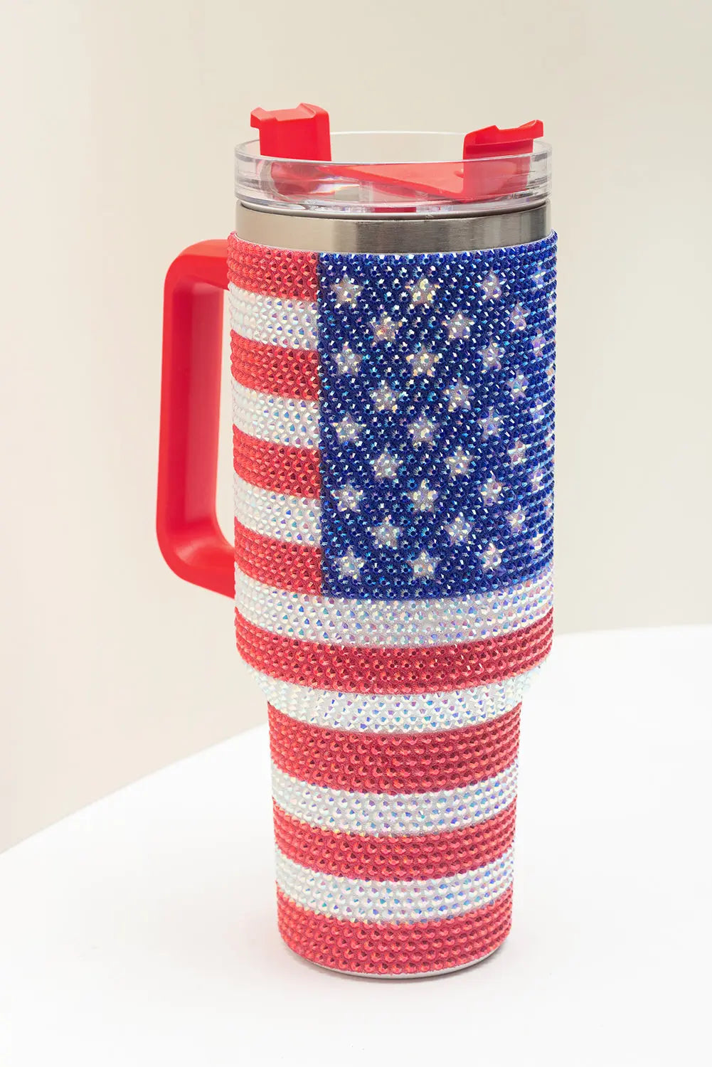 Red Rhinestone American Flag Print Handled 40oz Thermos Tumbler Dear-Lover Dropshipping