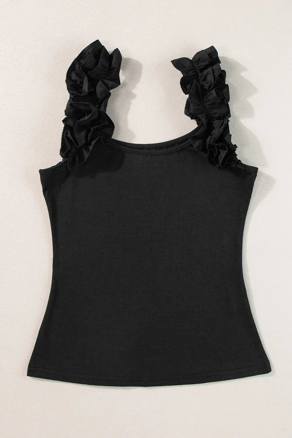 Black Ruffled Wide Straps Slim Tank Top Markonline
