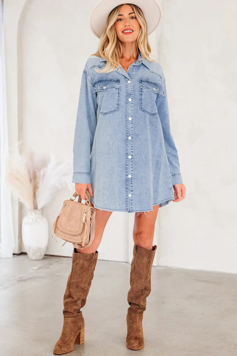 Beau Blue Chest Pocket Raw Hem Denim Loose Shirt Dress Markonline