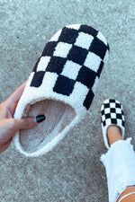 Black Checkered Print Fuzzy Slip On Winter Slippers Dear-Lover Dropshipping
