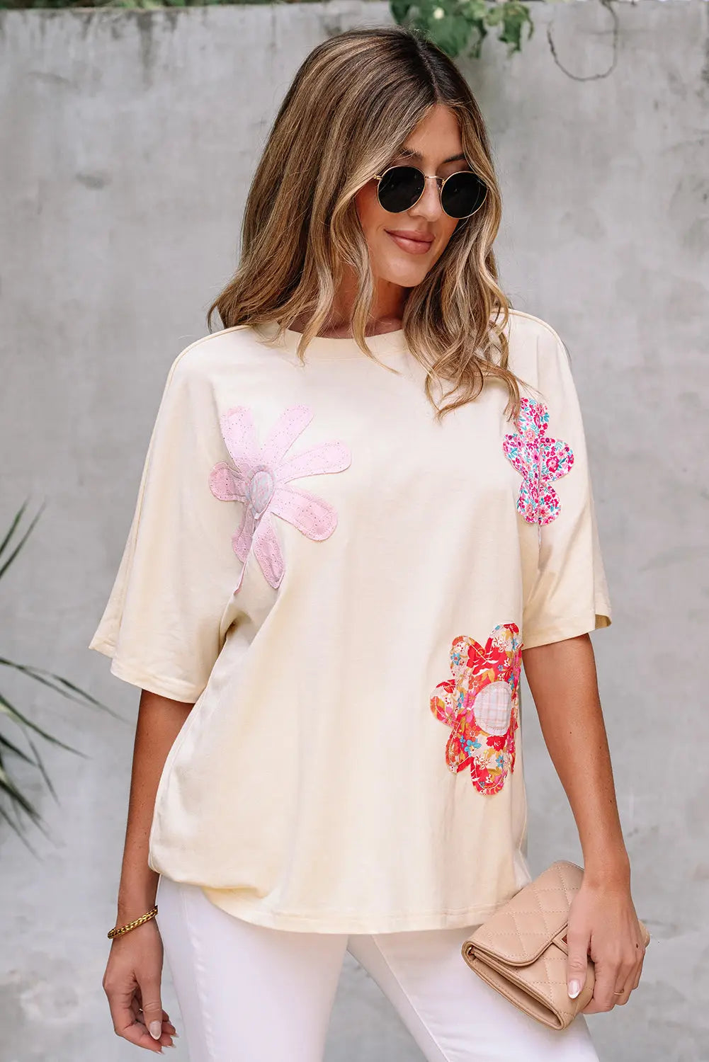 Apricot Flower Patched Exposed Stitching Trim Crew Neck Loose Tee Markonline