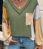 Jungle Green Exposed Stitching Colorblock V Neck Long Sleeve Top Markonline