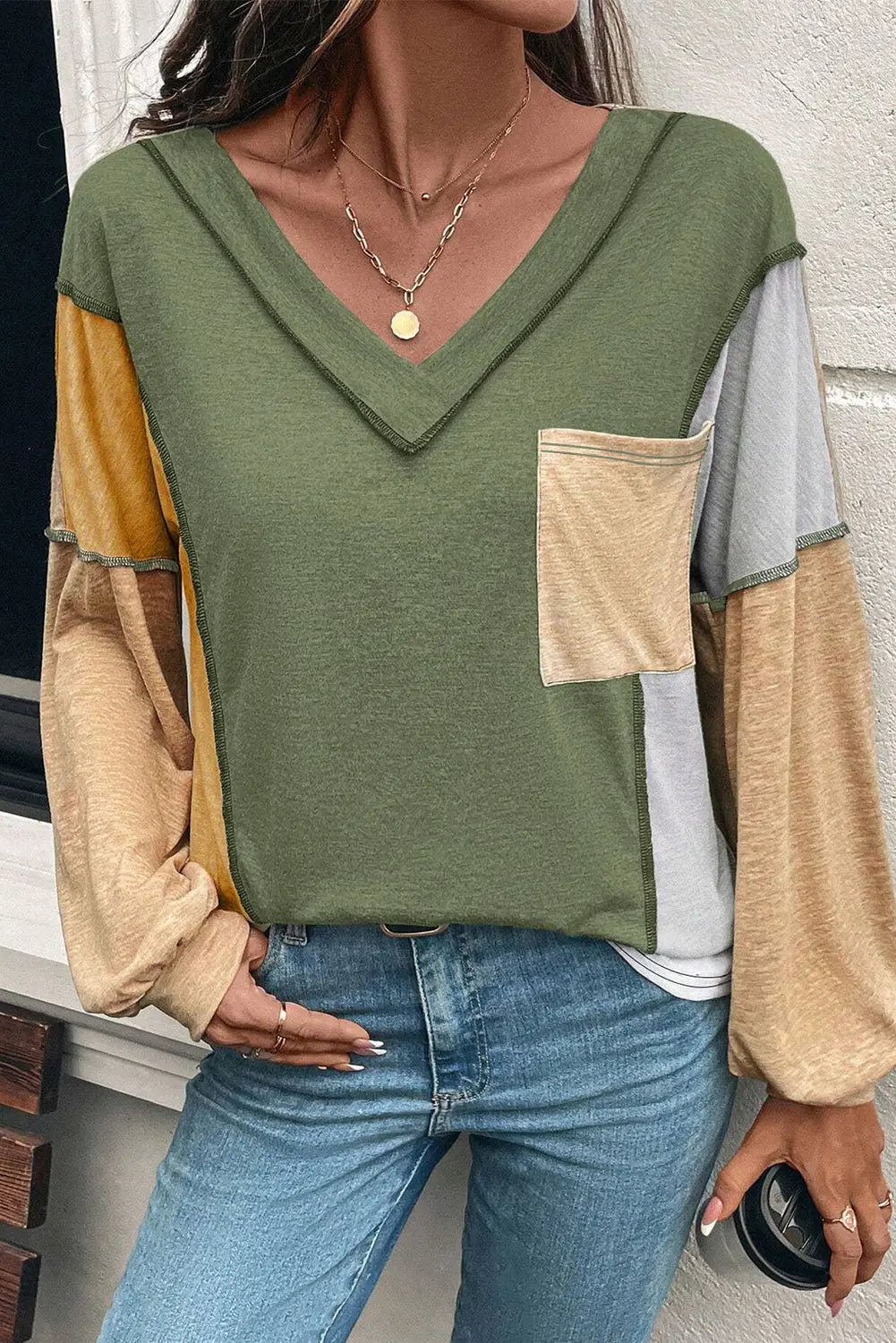 Jungle Green Exposed Stitching Colorblock V Neck Long Sleeve Top Markonline