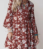 Red Boho Floral Print Lettuce Trim 3/4 Sleeve Mini Dress Markonline