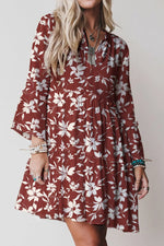 Red Boho Floral Print Lettuce Trim 3/4 Sleeve Mini Dress Markonline