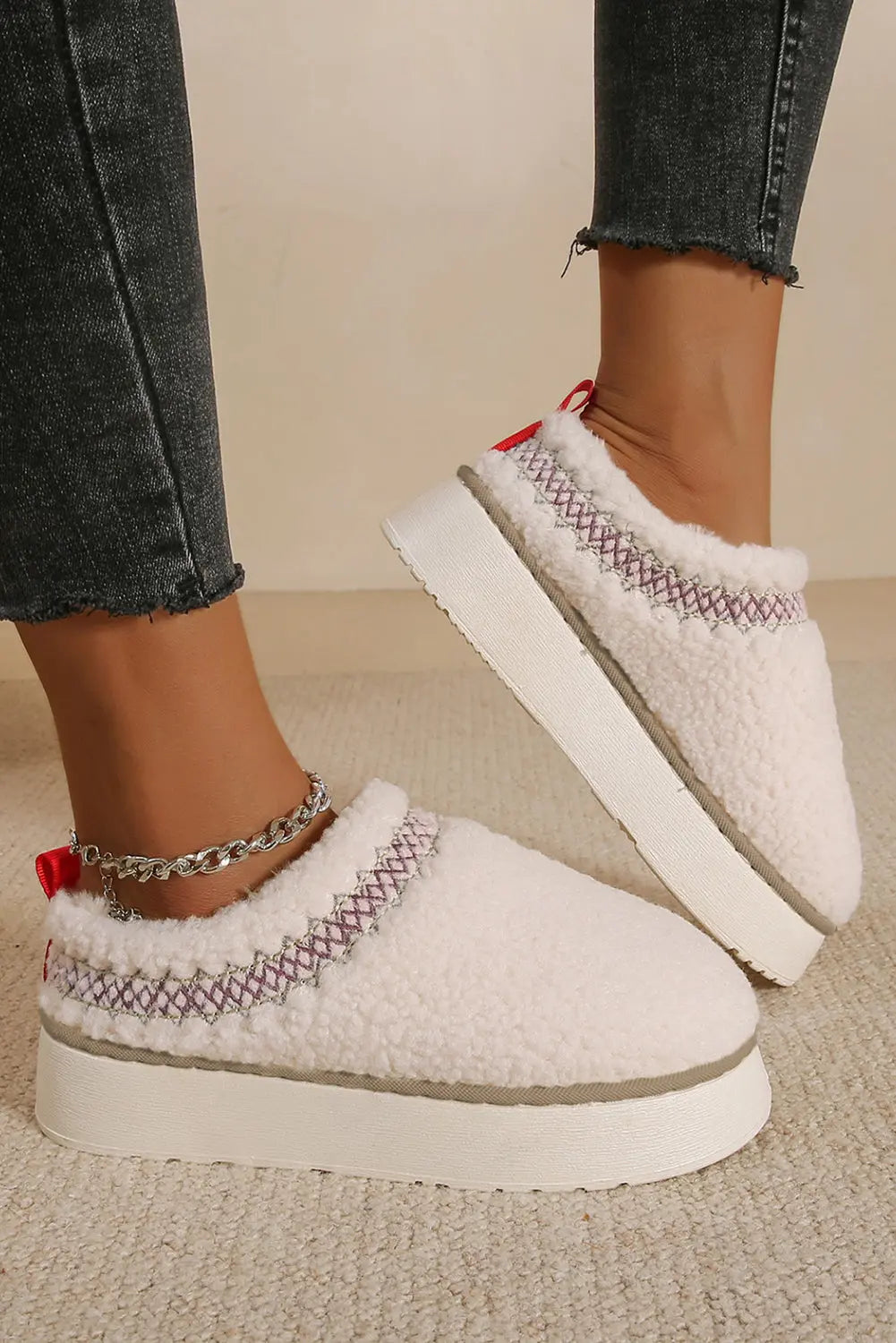 White Embroidered Sherpa Plush Thick Sole Winter Slippers Dear-Lover Dropshipping