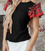 Black Plaid Pearl Ruffle Short Sleeve Loose T Shirt Markonline