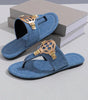 Dusk Blue Metal Decor Leather Thong Slippers Dear-Lover Dropshipping