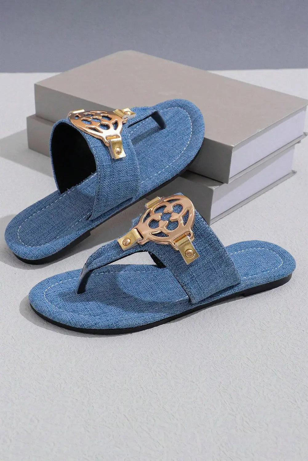 Dusk Blue Metal Decor Leather Thong Slippers Dear-Lover Dropshipping