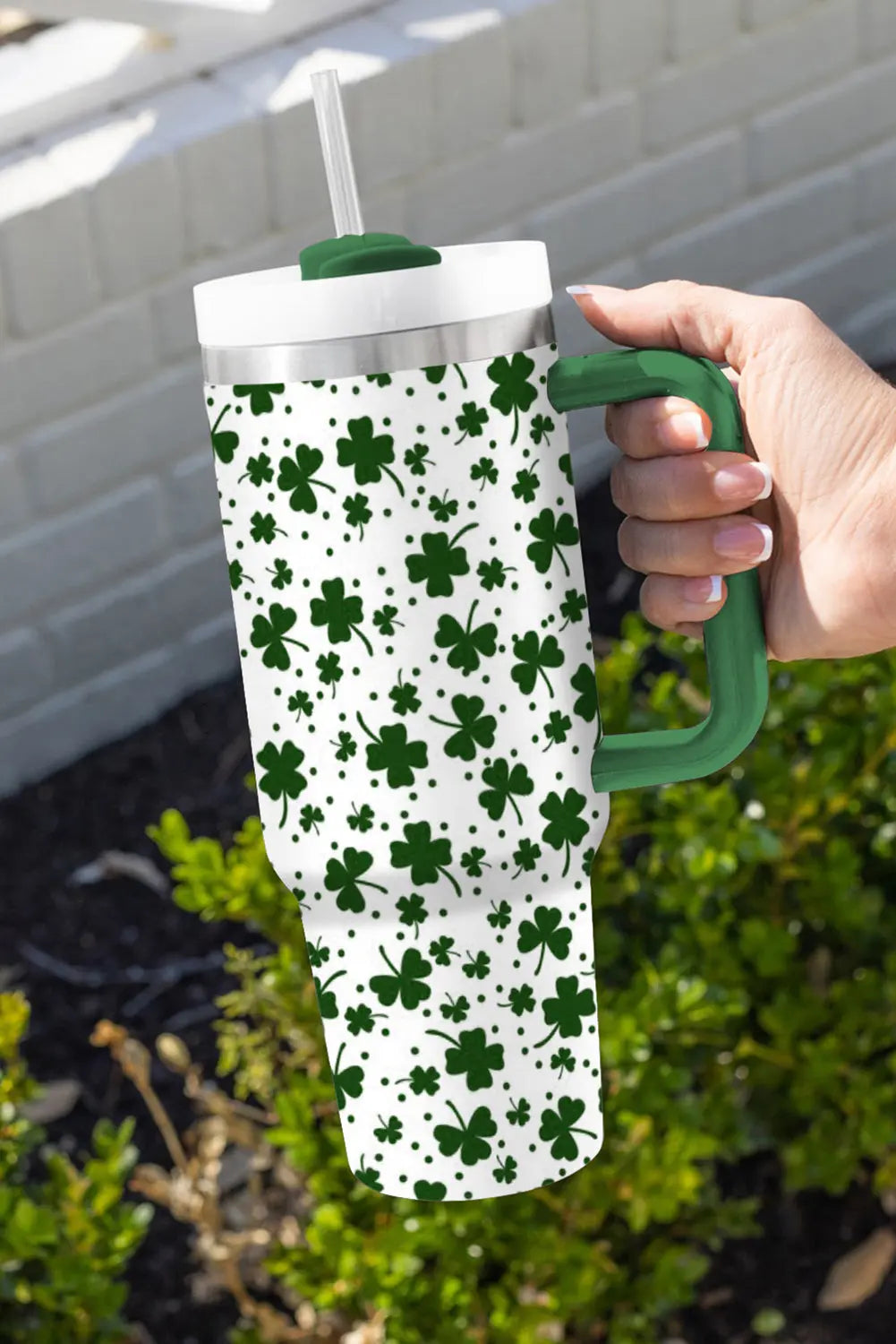 Dark Green Clover Print Thermos Cup with Handle 40oz Dear-Lover Dropshipping