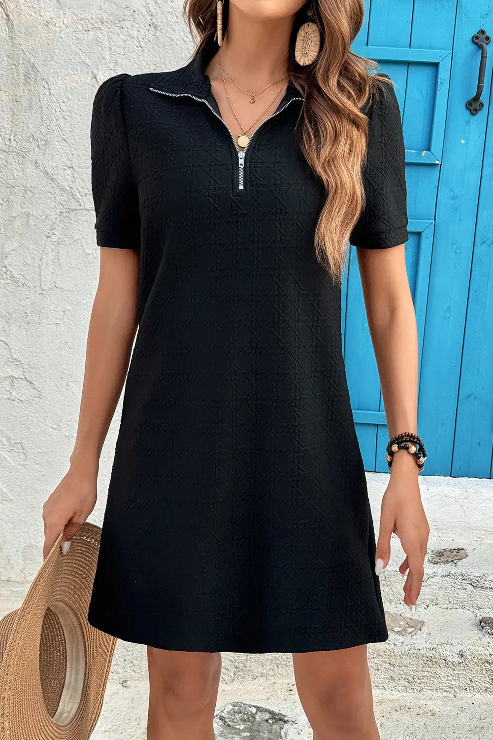 Black Textured Zipped Collar Shift Polo T Shirt Dress Markonline