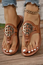 Chestnut Metal Decor Leather Thong Slippers Dear-Lover Dropshipping