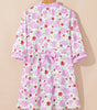 Pink Floral Print Striped Trim Frilled Neck 3/4 Sleeve Flared Mini Dress Markonline