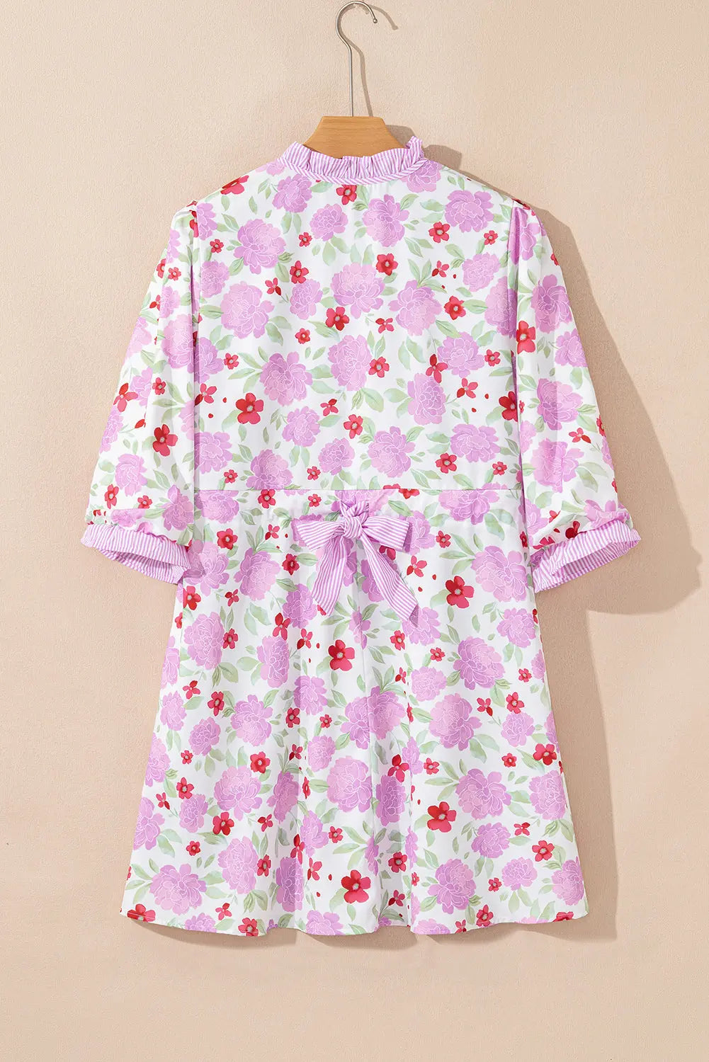 Pink Floral Print Striped Trim Frilled Neck 3/4 Sleeve Flared Mini Dress Markonline