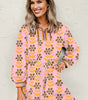 Pink Floral Print Zip Neck Striped Patchwork Long Sleeve Drawstring Dress Markonline