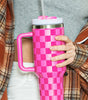 Bright Pink Checkered Print Handled Stainless Steel Tumbler Cup 40oz Dear-Lover Dropshipping