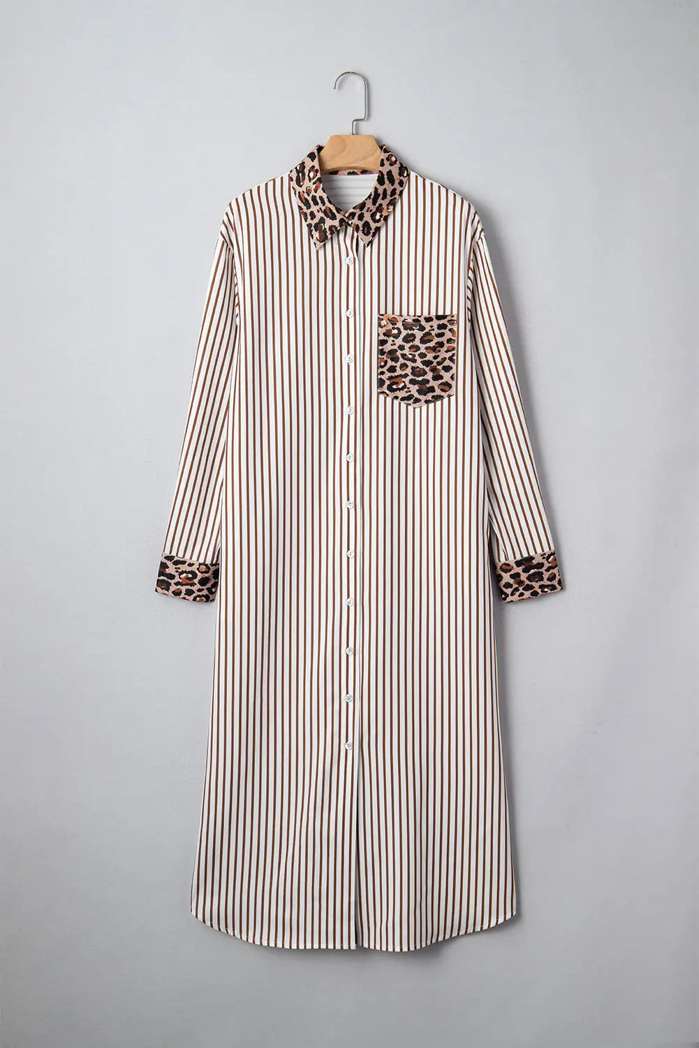 Brown Stripe Contrast Leopard Patchwork Long Shirt Dress with Slits Markonline