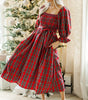 Red Tartan Plaid Square Neck Puff Sleeve Knot Waist Flared Midi Dress Markonline
