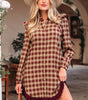 Red Plaid Print Ruffled Long Sleeve Patchwork Hem Mini Shirt Dress Markonline