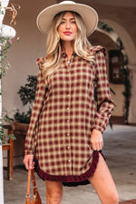 Red Plaid Print Ruffled Long Sleeve Patchwork Hem Mini Shirt Dress Markonline