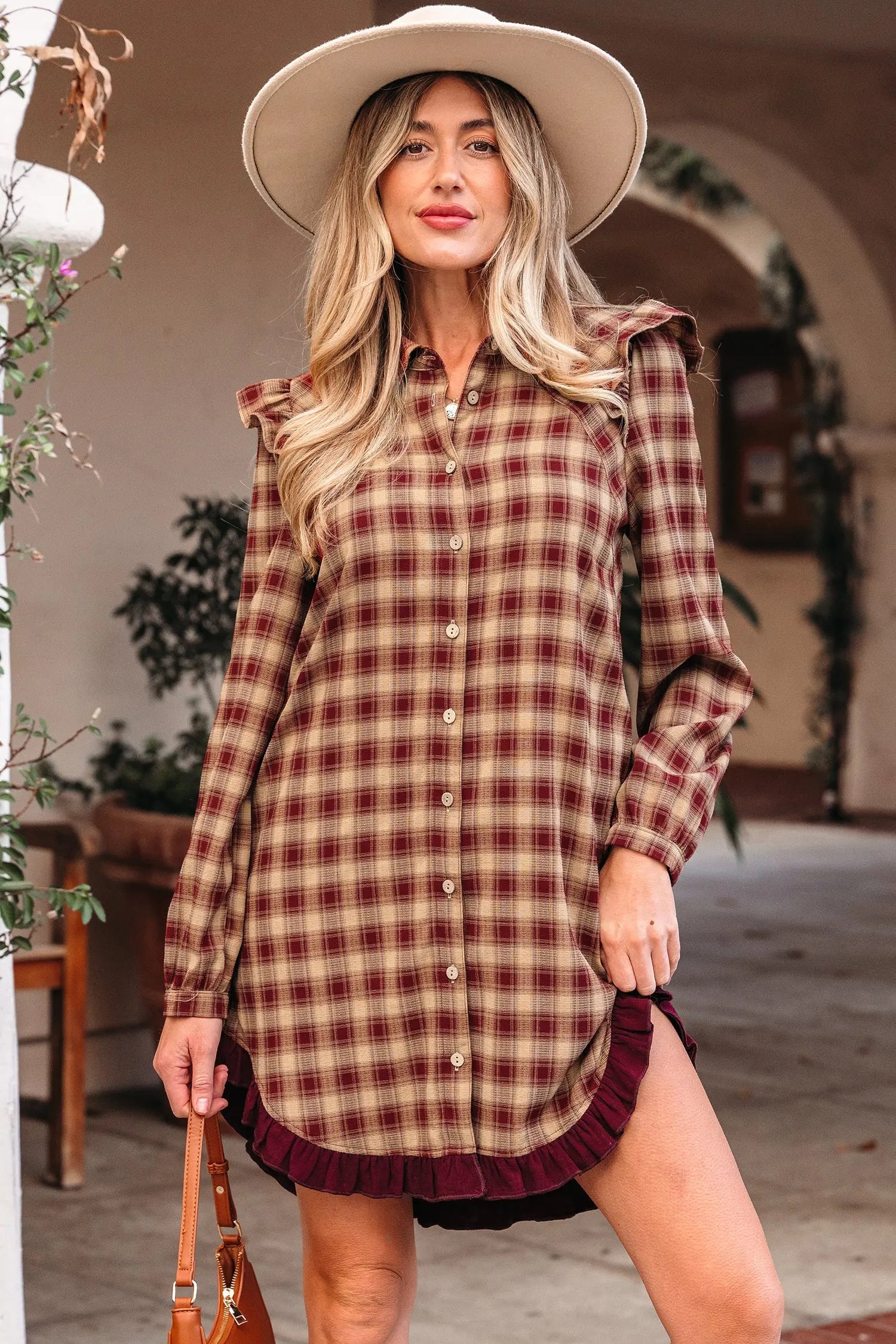 Red Plaid Print Ruffled Long Sleeve Patchwork Hem Mini Shirt Dress Markonline