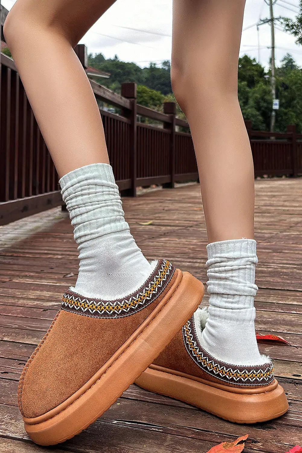 Chestnut Contrast Edge Suede Plush Lined Thick Sole Winter Slippers Markonline