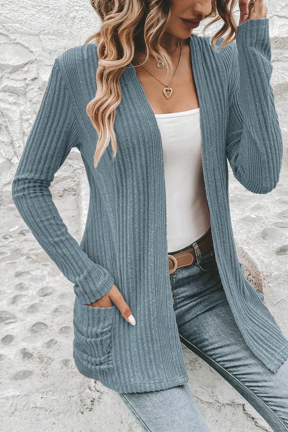 Stone Blue Ribbed Open Front Knitted Top with Pockets Dear-Lover Dropshipping