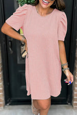 Blossom Corded Knit Crew Neck Puff Sleeve Shift Mini Dress Markonline