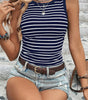 Blue Stripe Contrast Round Neck Sleeveless Slim Top Markonline