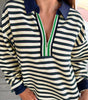 Navy Blue Striped Print Contrast Collar Zip V Neck Long Sleeve Top Dear-Lover Dropshipping