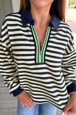 Navy Blue Striped Print Contrast Collar Zip V Neck Long Sleeve Top Dear-Lover Dropshipping