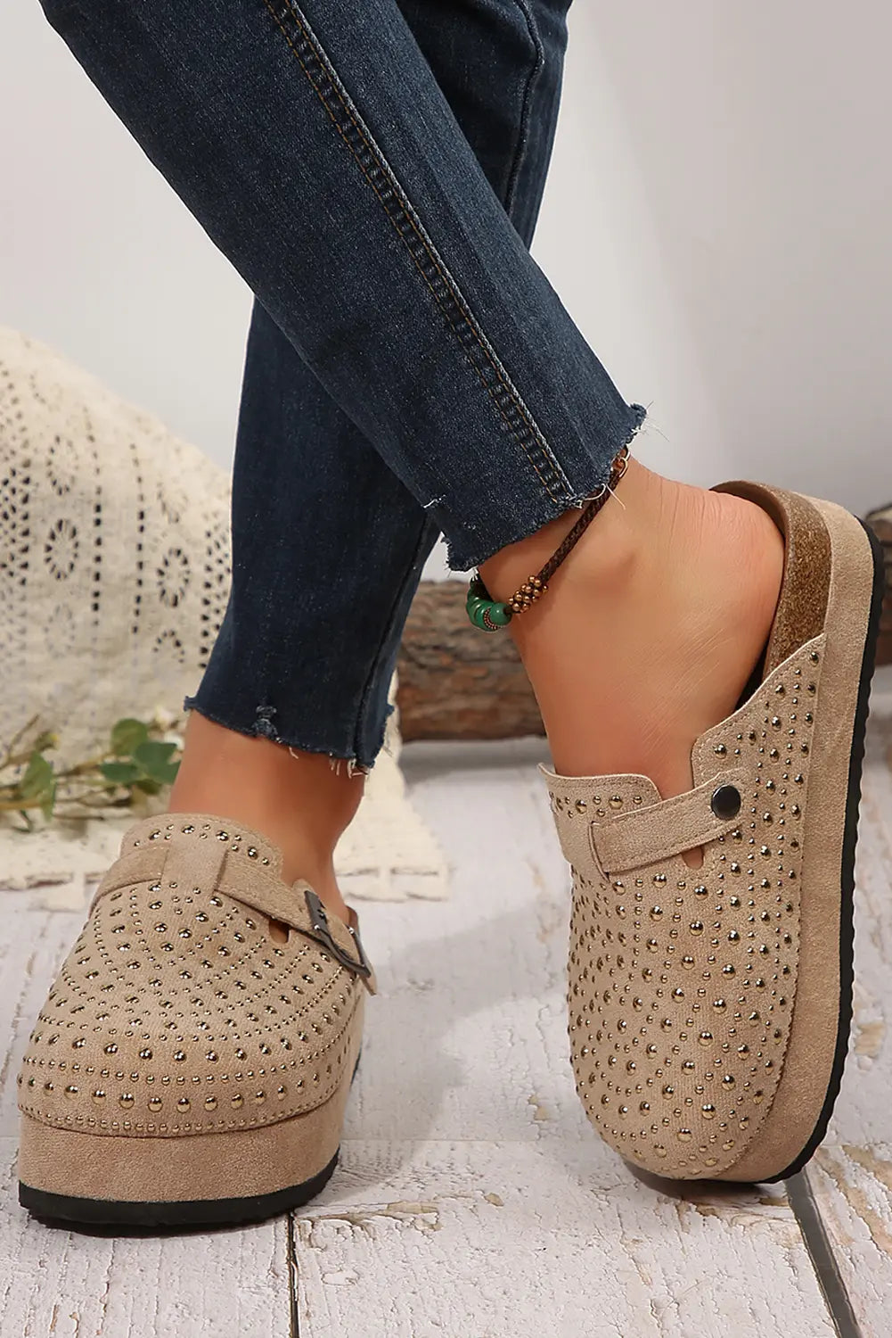 Parchment Rivet Buckle Closed Toe Platform Slippers Markonline