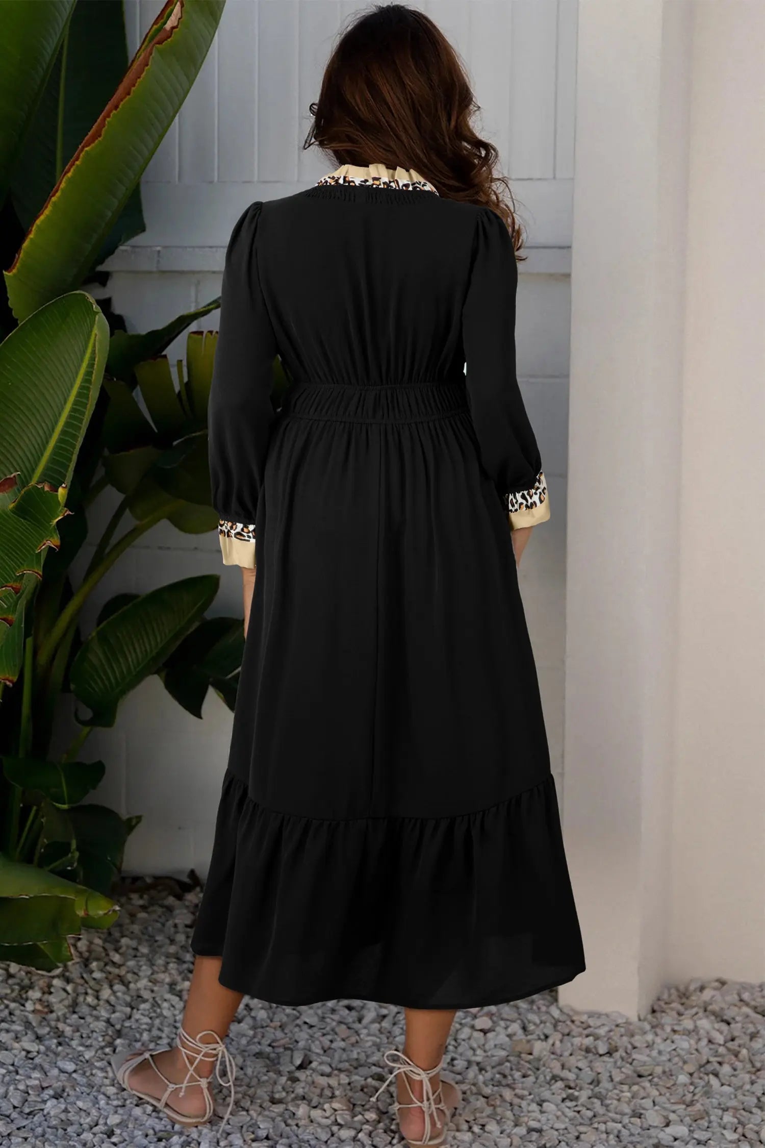 Black Contrast Leopard Frilled Trim V Neck Bracelet Sleeve Midi Dress Markonline