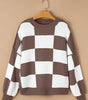 Dark Brown Checkered Bishop Sleeve Sweater Dear-Lover Dropshipping